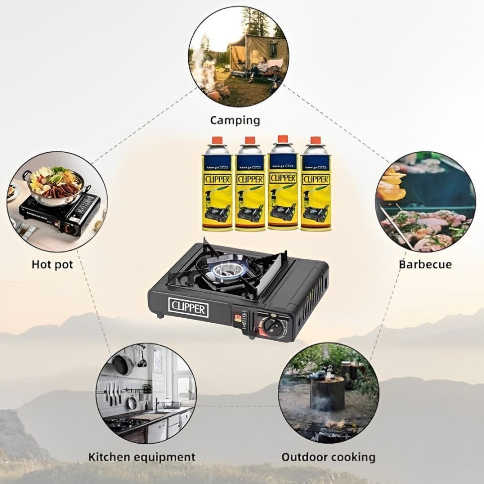 EVOKK Clipper Black Portable Camping Stove & 8 Clipper Gas | Premium Camping Gas Stove | Gas Camping Stove with Automatic Ignition & Heat Control