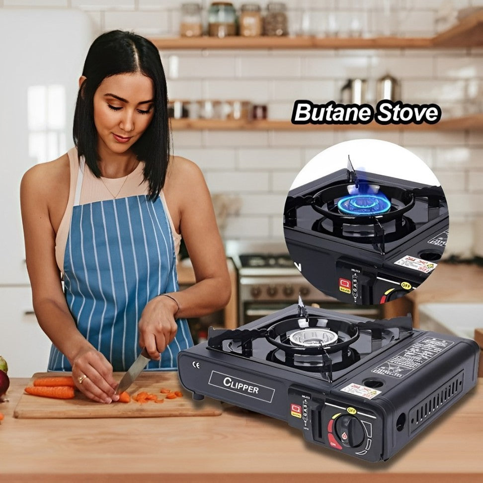 EVOKK Clipper Black Portable Camping Stove & 8 Clipper Gas | Premium Camping Gas Stove | Gas Camping Stove with Automatic Ignition & Heat Control