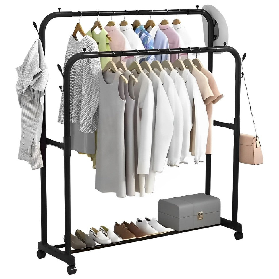 EVOKK Clothing Double-Rail Wardrobe,Garment Rack with Shelves, Metal Clothes Rail with Top Rod Organizer & Lower Storage Shoe Rack for Boxes Shoes/Boots.