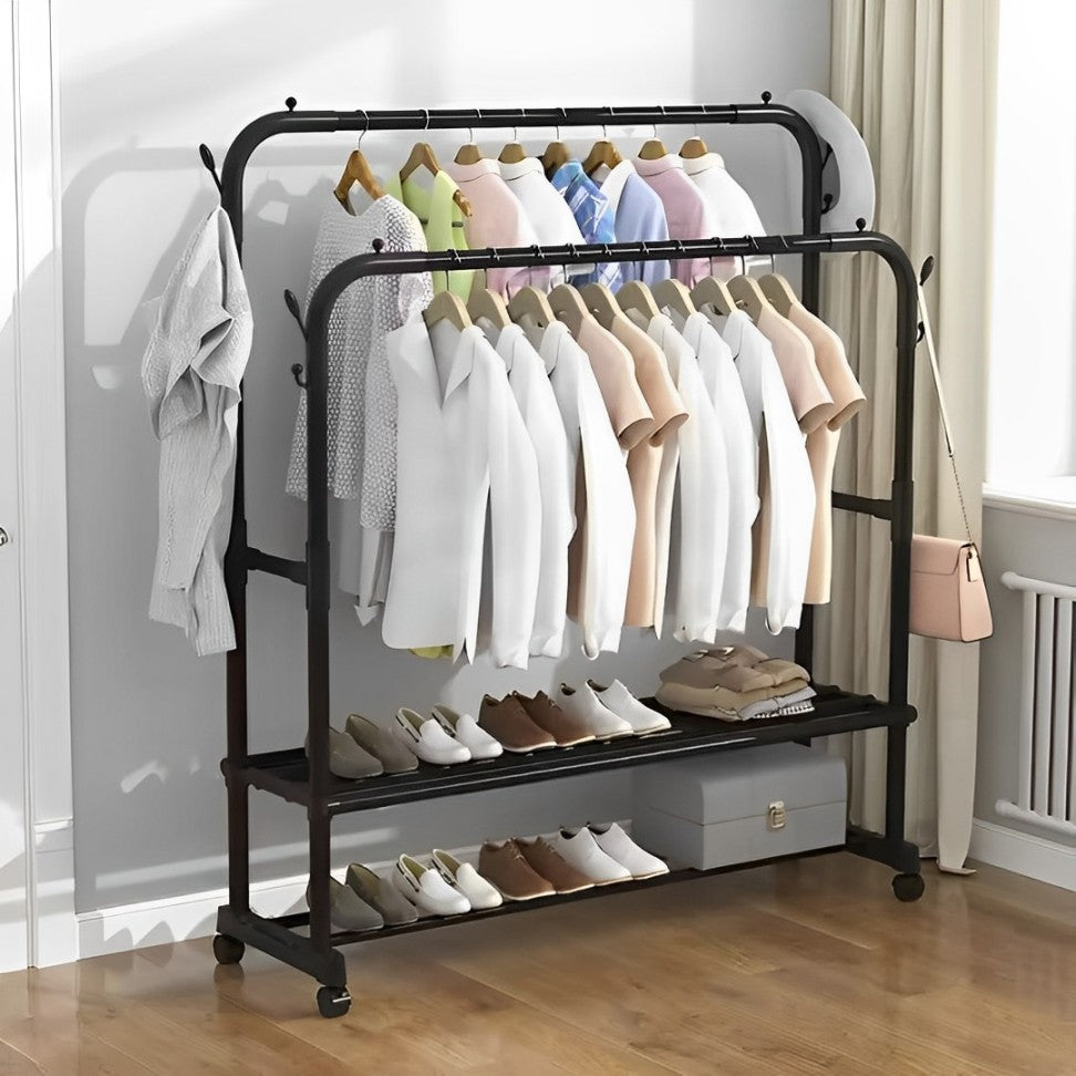 EVOKK Clothing Double-Rail Wardrobe,Garment Rack with Shelves, Metal Clothes Rail with Top Rod Organizer & Lower Storage Shoe Rack for Boxes Shoes/Boots.