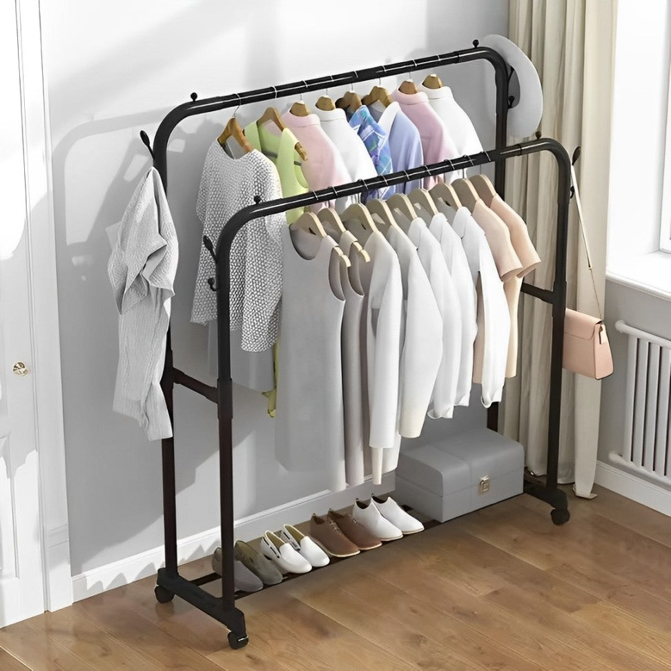 EVOKK Clothing Double-Rail Wardrobe,Garment Rack with Shelves, Metal Clothes Rail with Top Rod Organizer & Lower Storage Shoe Rack for Boxes Shoes/Boots.