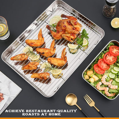 Evokk 4Pcs Stainless Steel Roasting Tray - Oven Cooking Trays Baking Tray with Removable Rack - Oven Roasting Pan with Grill