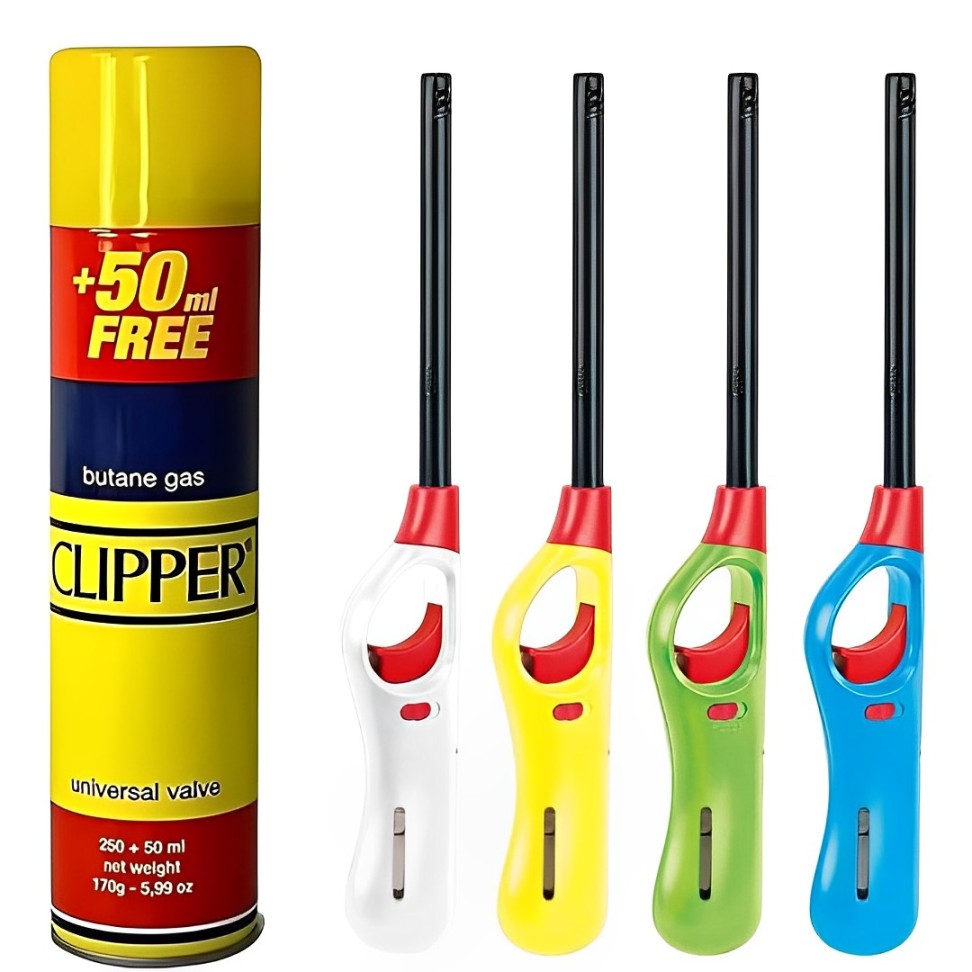 4 X BBQ Multicolour Refillable Safety Candle Fire Lighters With 1 Clipper Gas Refill Bottle