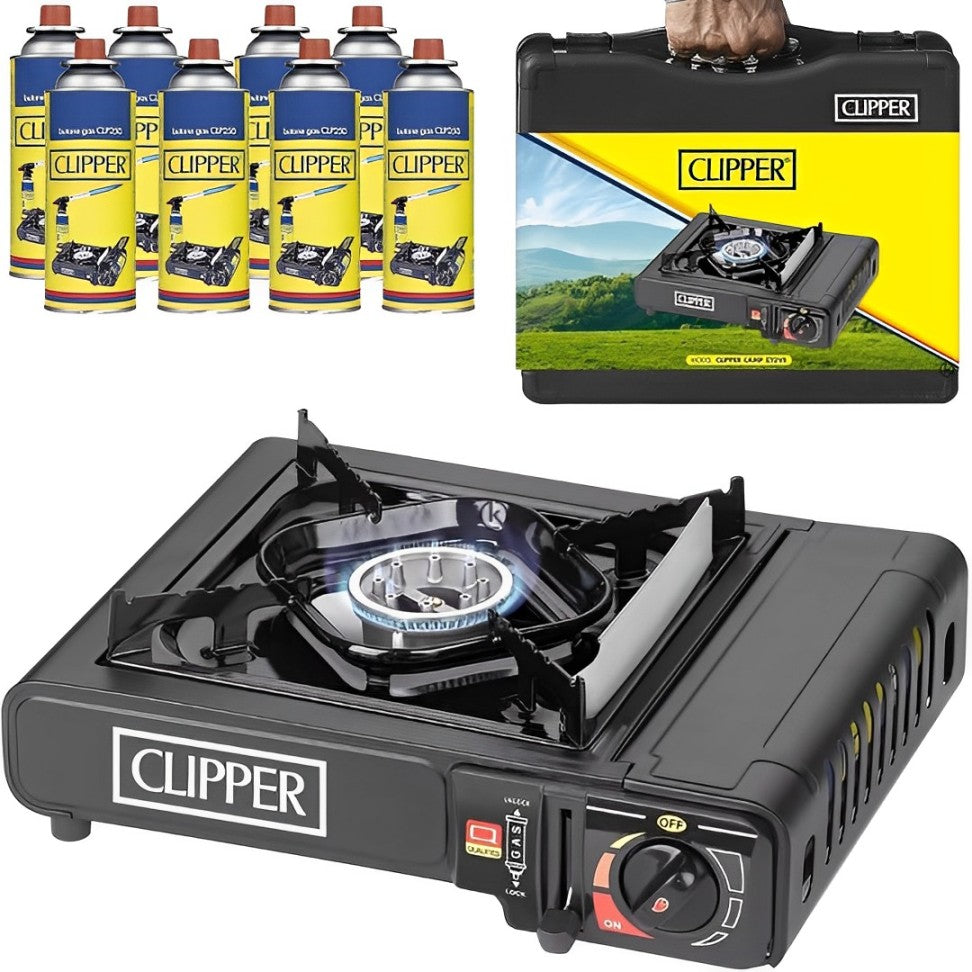 EVOKK Clipper Black Portable Camping Stove & 8 Clipper Gas | Premium Camping Gas Stove | Gas Camping Stove with Automatic Ignition &amp; Heat Control