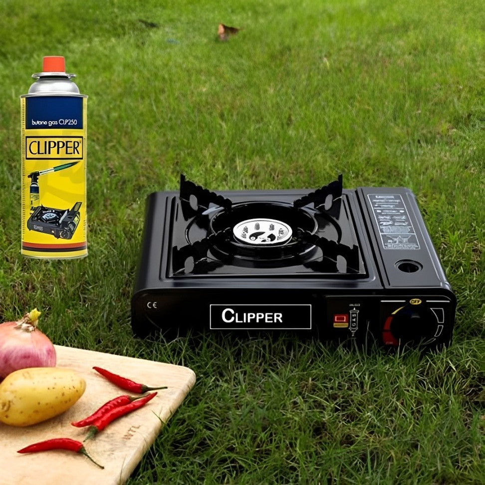 EVOKK Clipper Black Portable Camping Stove & 8 Clipper Gas | Premium Camping Gas Stove | Gas Camping Stove with Automatic Ignition &amp; Heat Control