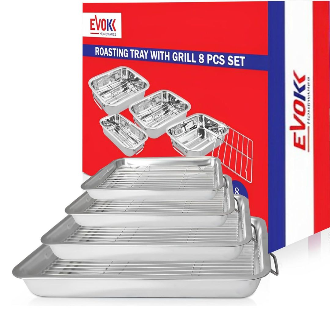 Evokk 4Pcs Stainless Steel Roasting Tray - Oven Cooking Trays Baking Tray with Removable Rack - Oven Roasting Pan with Grill
